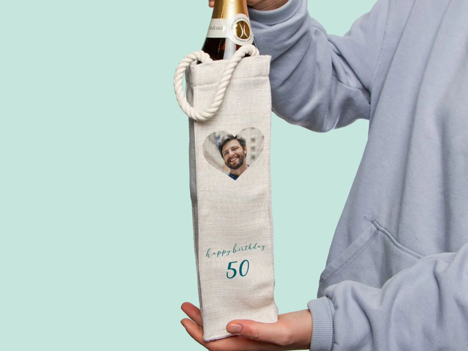 Personlig Gavepose til vin med Fotohjerte & Tekst